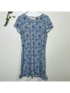 Duffield Lane Blue White Floral Dress Ruffle Hem